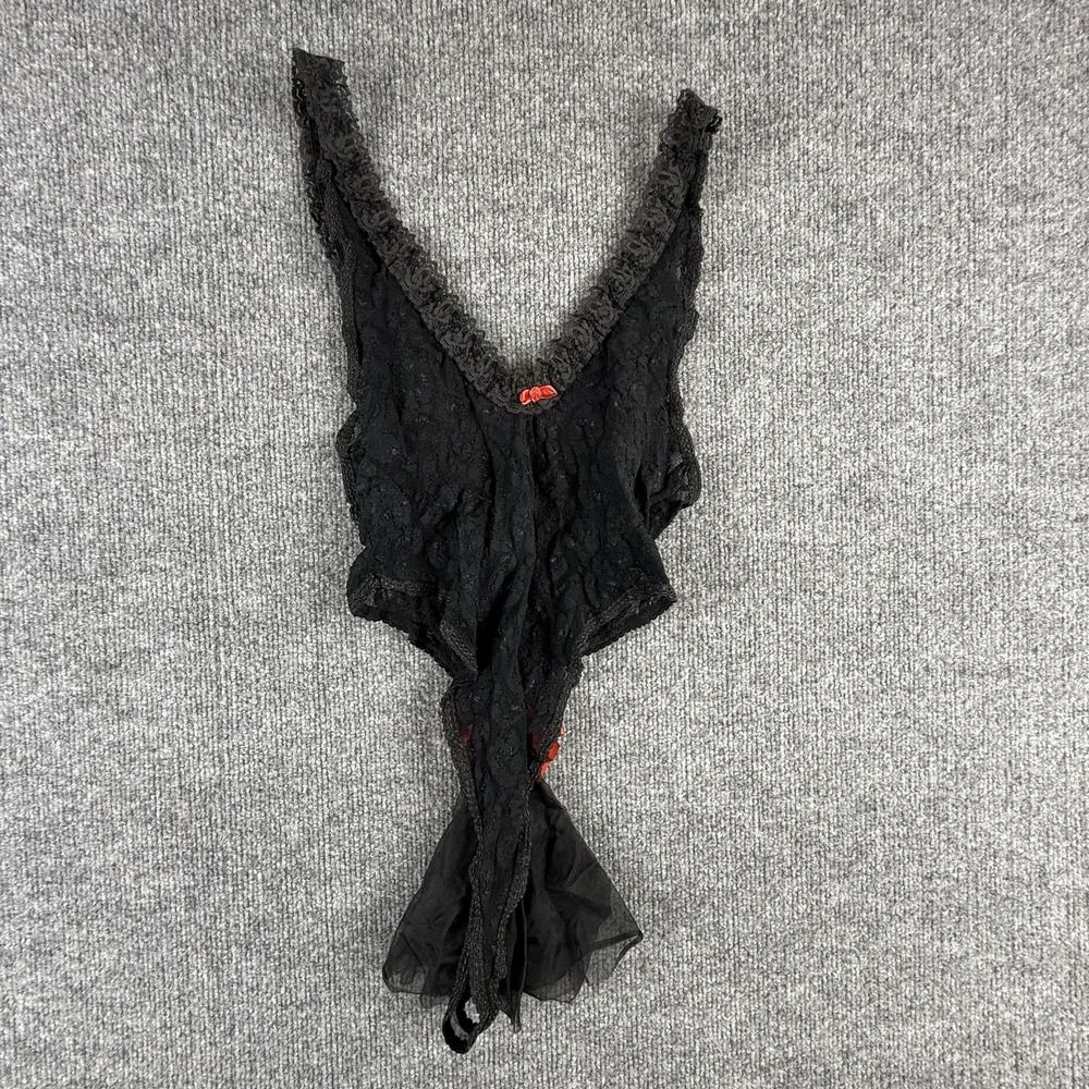 VTG Je T'adore Teddy Womens M/L‎ Black Lace Sheer Floral Lingerie Red Bow USA